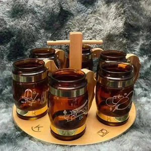 Vintage Siesta Ware Cowboy Barrel
Mugs & Wood  Serving Tray Set |